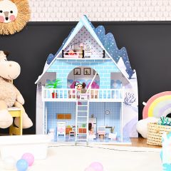 Costway Casa delle bambole di legno a 3 piani con 15 mobili, Casa delle bambole giocattolo con 3 bambole carine Blu