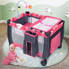 Costway Lettino pieghevole per neonati con fasciatoio, Culla per bambini 0-36 mesi con i giocattoli e carillon 100x70x76cm Rosa
