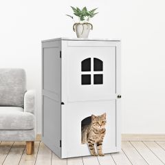 Costway Lettiera per gatti con 2 livelli e struttura stabile di legno, Lettiera casetta nascosta in un mobile Bianco