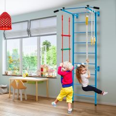 Costway Set di sbarre in acciaio da parete per bambini, Sbarra per trazioni con scala a corda anelli da ginnastica Blu