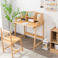 Costway Set sedia e scrivania di bambù regolabili in altezza per bambini, Postazione per leggere con libreria multilivello