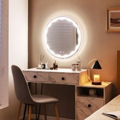 Costway Specchio rotondo da parete per il bagno con luci LED pulsante intelligente, Specchio per il trucco impermeabile
