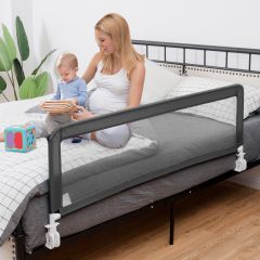 Costway Sponda per il letto per bambini, Sponda con altezza regolabile tessuto a rete cintura di sicurezza Grigio 150cm
