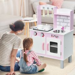 Costway Set cucina giocattolo per bambini  di legno con luci e suoni realistici, Cucina finta con lavello e forno Rosa