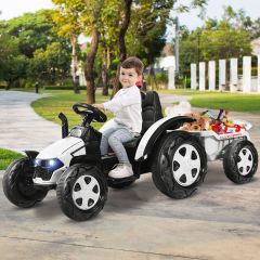 Costway Trattore elettrico per bambini con rimorchio e telecomando, Trattore giocattolo con cintura di sicurezza Bianco