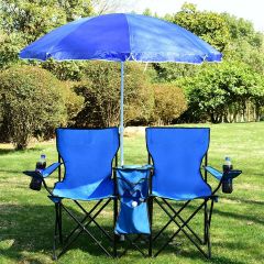 Costway Sedia da picnic in acciaio portatile e pieghevole, Sedia da picnic con ombrellone mini tavolo porta bevande, Blu