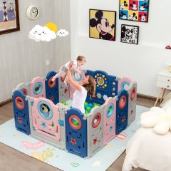 Costway Box multifunzionale con 16 pannelli e giocattoli educativi per bambini, Recinto portatile Blu e rosa