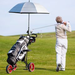 Costway Carrello da golf pieghevole con sedile maniglia regolabile, Carrello a 3 ruote removibili con portabevande Rosso