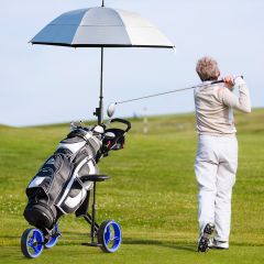 Costway Carrello da golf pieghevole con sedile maniglia regolabile, Carrello a 3 ruote removibili con portabevande Blu