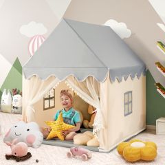 Costway Casetta con tenda struttura in legno e tappetino di cotone, Casa con tenda porta e finestra per bambini Beige