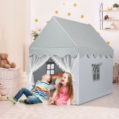 Costway Casetta con tenda struttura in legno e tappetino di cotone, Casa con tenda porta e finestra per bambini Grigio