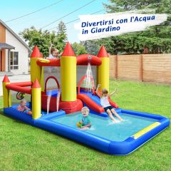 Costway Castello gonfiabile per bambini con lo scivolo e piscina con spruzzi, Scivolo gonfiabile con ventilatore 480W