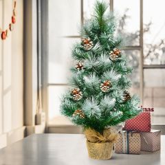 Albero di Natale innevato 60 cm, Albero di Natale artificiale con base stabile in cemento e lino
