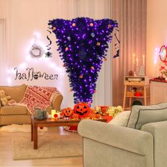 Costway Albero di Natale artificiale 180cm sottosopra con 270 luci LED viola, Pino finto illuminato con cerniere