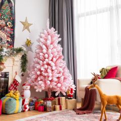 Costway Albero di Natale innevato floccato 150cm con 680 rami in PVC, Pino realistico a cerniera con base pieghevole Rosa