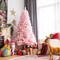 Costway Albero di Natale innevato floccato 180cm con 920 rami in PVC, Pino realistico a cerniera con base pieghevole Rosa