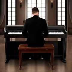 Costway Sgabello di legno per pianoforte, Panca per pianoforte con cuscino imbottito, Marrone