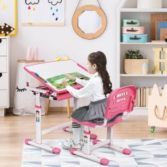 Costway Scrivania per bambini regolabile in altezza Set tavolo e sedie bimbi da disegno inclinabile Rosa