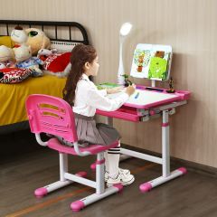 Scrivania per bambini altezza regolabile 54-76cm Set tavolo e sedie bimbi inclinabile con lampada, Rosa