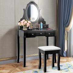 Costway Set toeletta di legno con specchio ovale girevole a 360°, Set tavolo e sedia trucco per camera da letto Nero