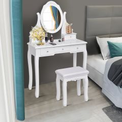 Costway Set toeletta di legno con specchio ovale girevole a 360°, Set tavolo e sedia trucco per camera da letto Bianco