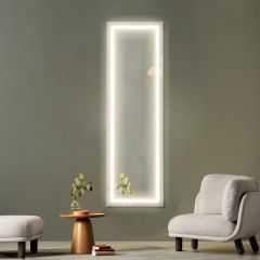 Costway Specchio a figura intera per porta con luci LED, Specchio per porta 120 x 37 cm con struttura di legno, Bianco