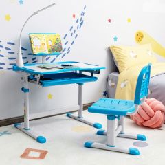 Costway Set scrivania e sedia per bambini con altezza regolabile, Scrivania e sedia con leggio per libri e luce LED Blu
