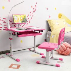 Costway Set scrivania e sedia per bambini con altezza regolabile, Scrivania e sedia con leggio per libri e luce LED Rosa