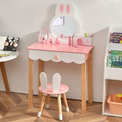 Costway Set tavolo toeletta con specchio e cassetti per bambini, Tavolo da trucco con sedia e scatole 60x34x103cm Rosa