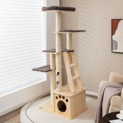 Costway Moderna torre di legno con casetta trespolo di peluche rampa palla giocattolo, Centro attività per gatti Beige