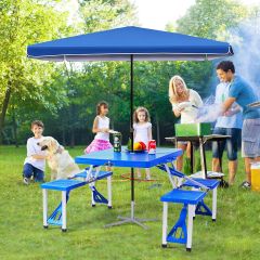 Costway Set tavolo e sedie pieghevole e portatile con foro per ombrellone, Set da picnic impermeabile e per 4 persone Blu