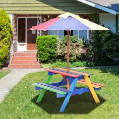 Set con tavolo picnic di legno e ombrellone per bambini, Tavolo e panchina con 4 posti e ombrellone pieghevoli