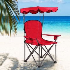 Costway Sedia da campeggio pieghevole con parasole, supporto reclinabile 120kg, Sedia da spiaggia portatile con portabicchieri, rosso