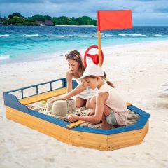 Costway Recinto di sabbia con panca e bandiera per bambini, Nave dei pirati di legno per giocare la sabbia 171x130x100cm