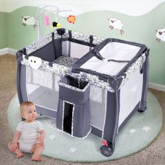Lettino pieghevole per neonati con fasciatoio Culla per bambini 0-36 mesi con i giocattoli e carillon 100x70x76cm Grigio