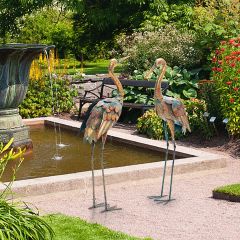 Set di 2 statue di gru da giardino con struttura in metallo, Statue di scultura di gru in piedi per cortile