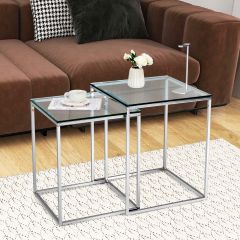Set di 2 tavolini da salotto con struttura in metallo, Set di tavolini in vetro temprato rimovibili Argento
