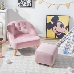 Costway Poltrona singola con sgabello abbinato per bambini in velluto olandese, Set di divano e pouf per la stanza Rosa