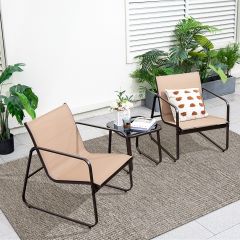 Set di sedie e tavolo in vetro per esterni con telaio in metallo, Set da conversazione di 3 pezzi Marrone