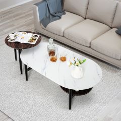 Costway Set di tavoli con tavolino da caffè ovale tavolino rotondo piano in finto marmo, Set tavolino da 2 pezzi Bianco