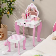 Costway Set di tavolino e sgabello con specchio e cassetto per bambini, Set di tavolino da trucco 2 in 1 Bianco
