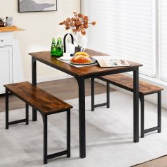 Set di tavolo e 2 panche da cucina con struttura in metallo antiruggine, Set tavolo e sedie da pranzo Marrone