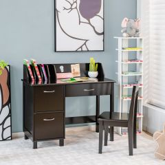 Costway Set scrivania con cassetto e sedia multifunzionale per bambini, Tavolo e sedia con nicchia e armadietto Marrone