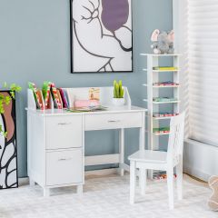 Costway Set scrivania con cassetto e sedia multifunzionale per bambini, Tavolo e sedia con nicchia e armadietto Bianco
