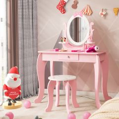 Costway Set toeletta con specchio per bambini 3-7 anni, Tavolo con cassetti e sgabello imbottito 70x34x101cm Rosa