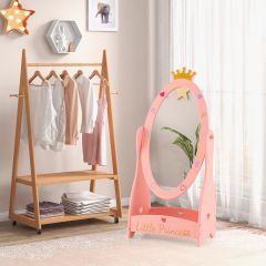 Specchio a figura intera per bambine con ripiano portaoggetti, Specchio ovale girevole a 360 gradi Rosa