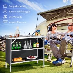 Costway Tavolo da campeggio pieghevole in alluminio con ripiani aperti ampio spazio, tavolo da picnic portatile Nero