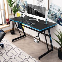 Costway Tavolo ergonomico da gaming a forma di Z con gancio per cuffie, Scrivania per computer per casa e ufficio Blu