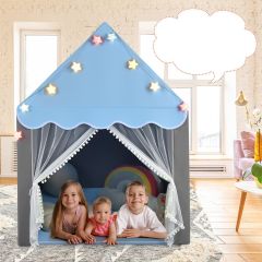 Costway Tenda da gioco per bambini con tappetino lavabile, Tenda castello fatato con luci a forma di stella Blu
