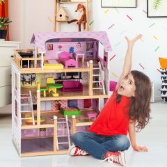 Costway Casa delle bambole a 3 piani con mobili e scale in legno per bambini 60,5x29,5x81cm Rosa